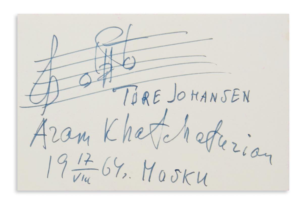 ARAM KHACHATURIAN. Autograph Musical Quotation Signed and Inscribed, to Tore Johansen, two notes on a hand-dra...